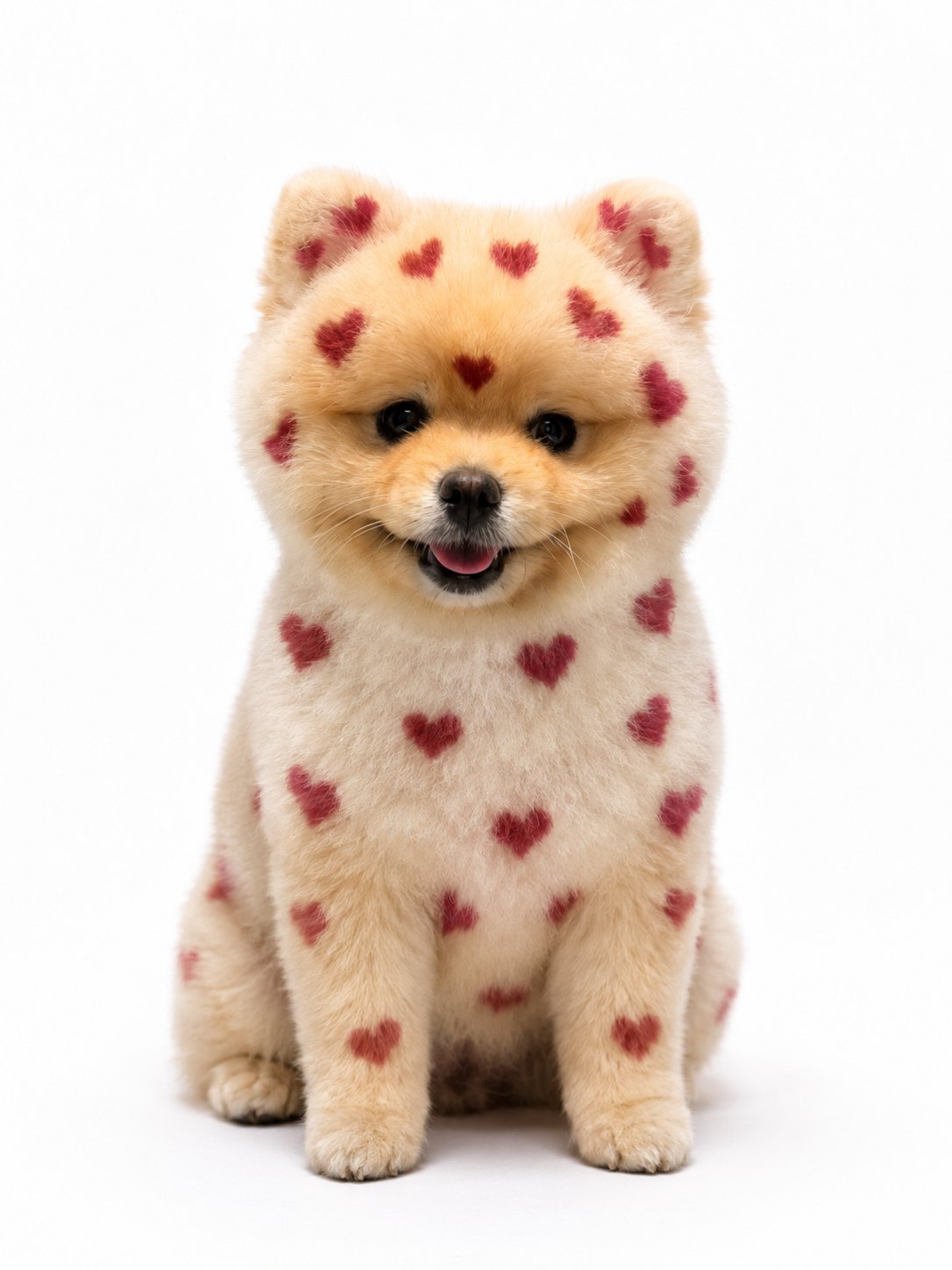 Milo, a Pomeranian with red hearts in his coat, sitting and smiling